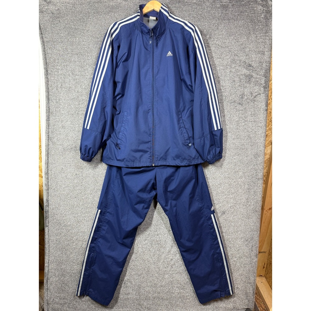 Vintage Adidas Tracksuit Mens M Navy Blue 3 Stripe Windbreaker Pants Set Y2K